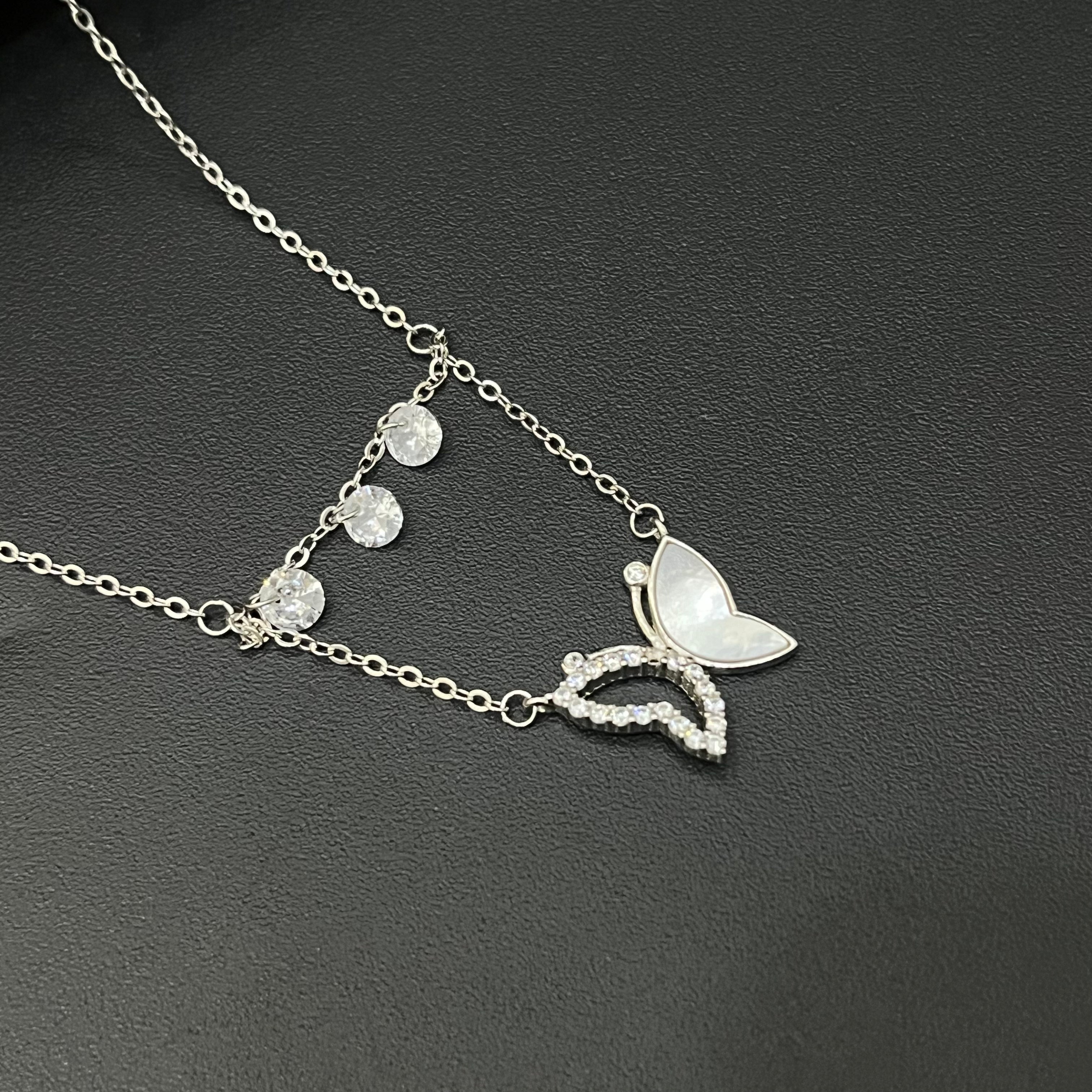 Silver Ladies Chain Butterfly & Cz Crsytal Drops Half