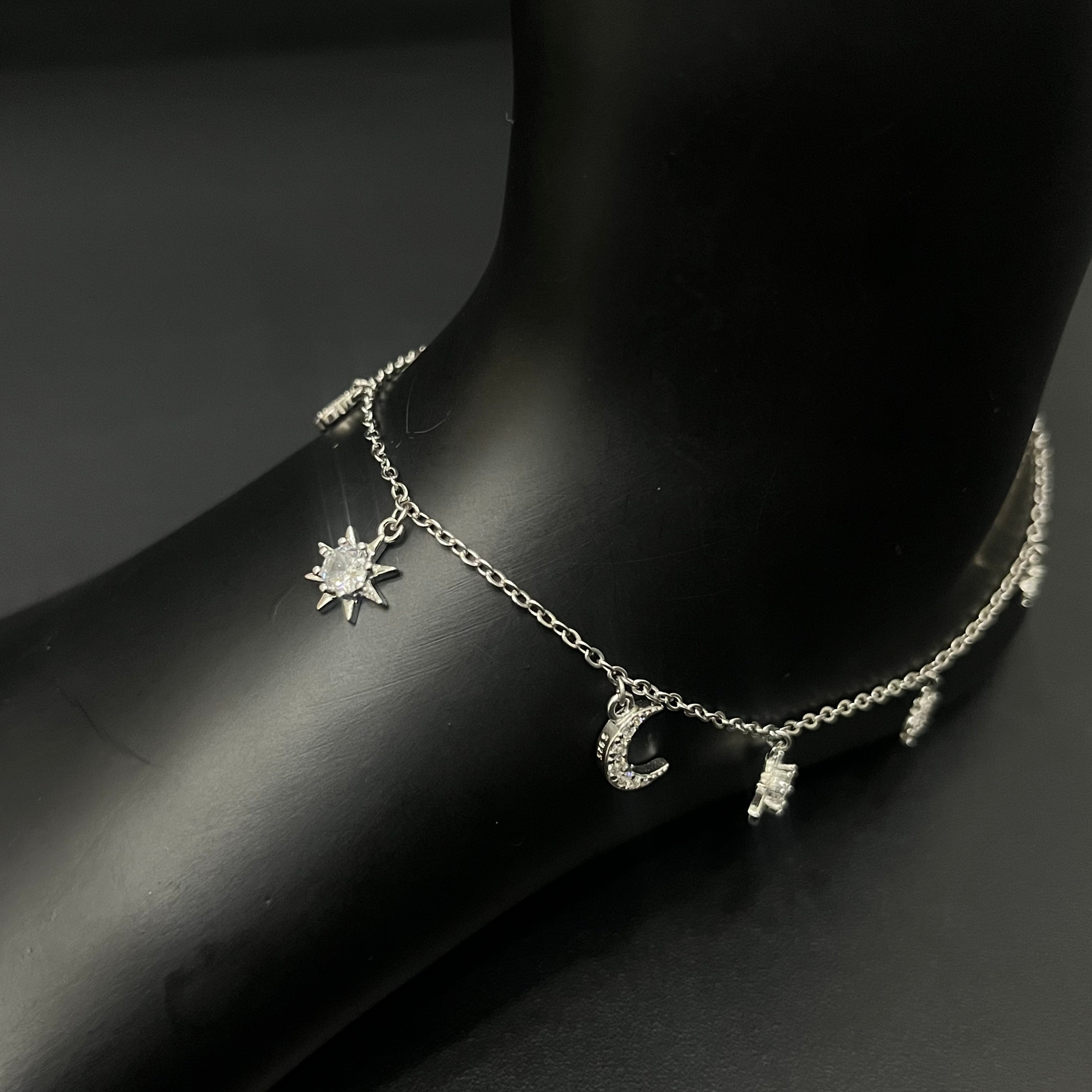 Silver Ladies Anklet Moon & Star  Charms