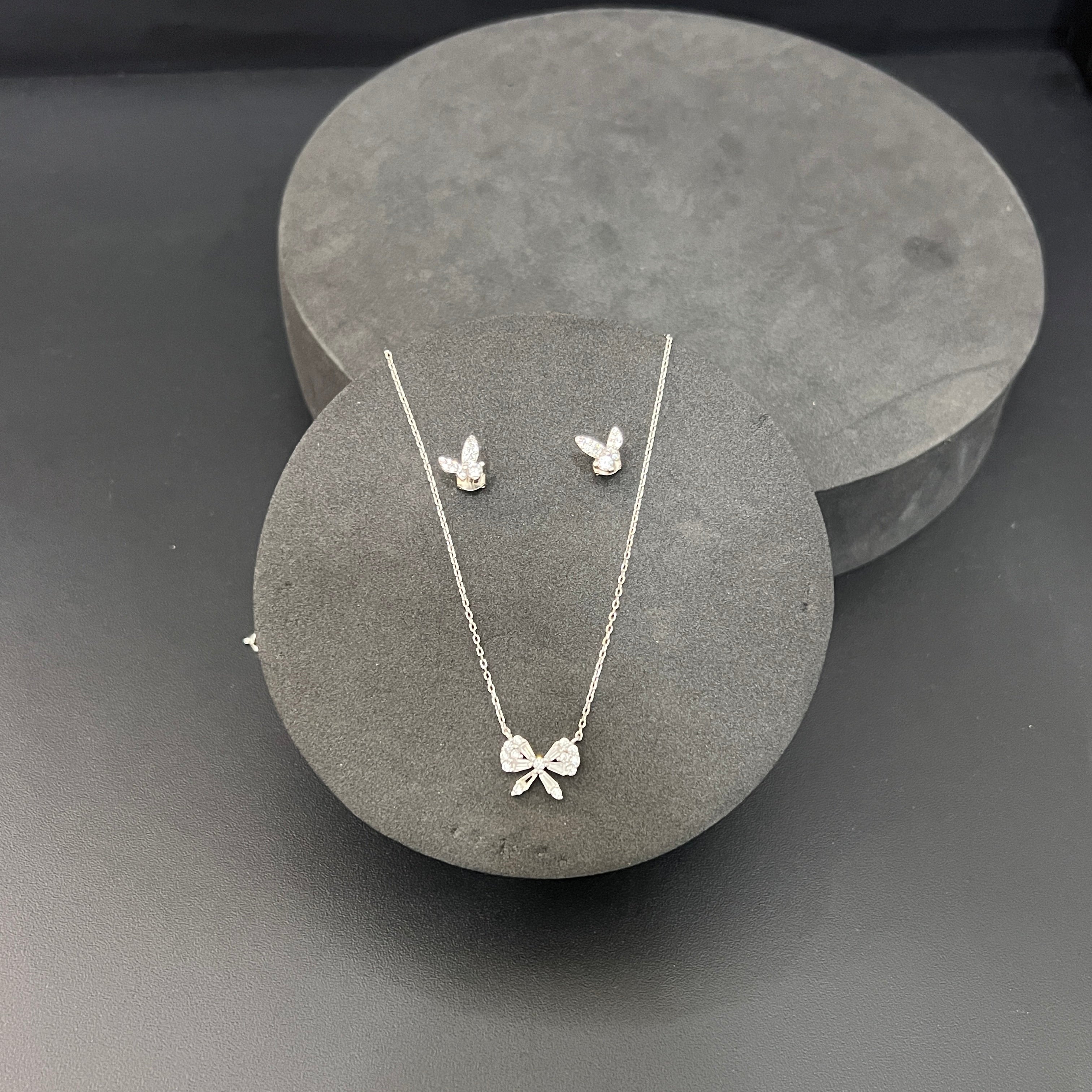 Silver Bow Pendant & Stud Set