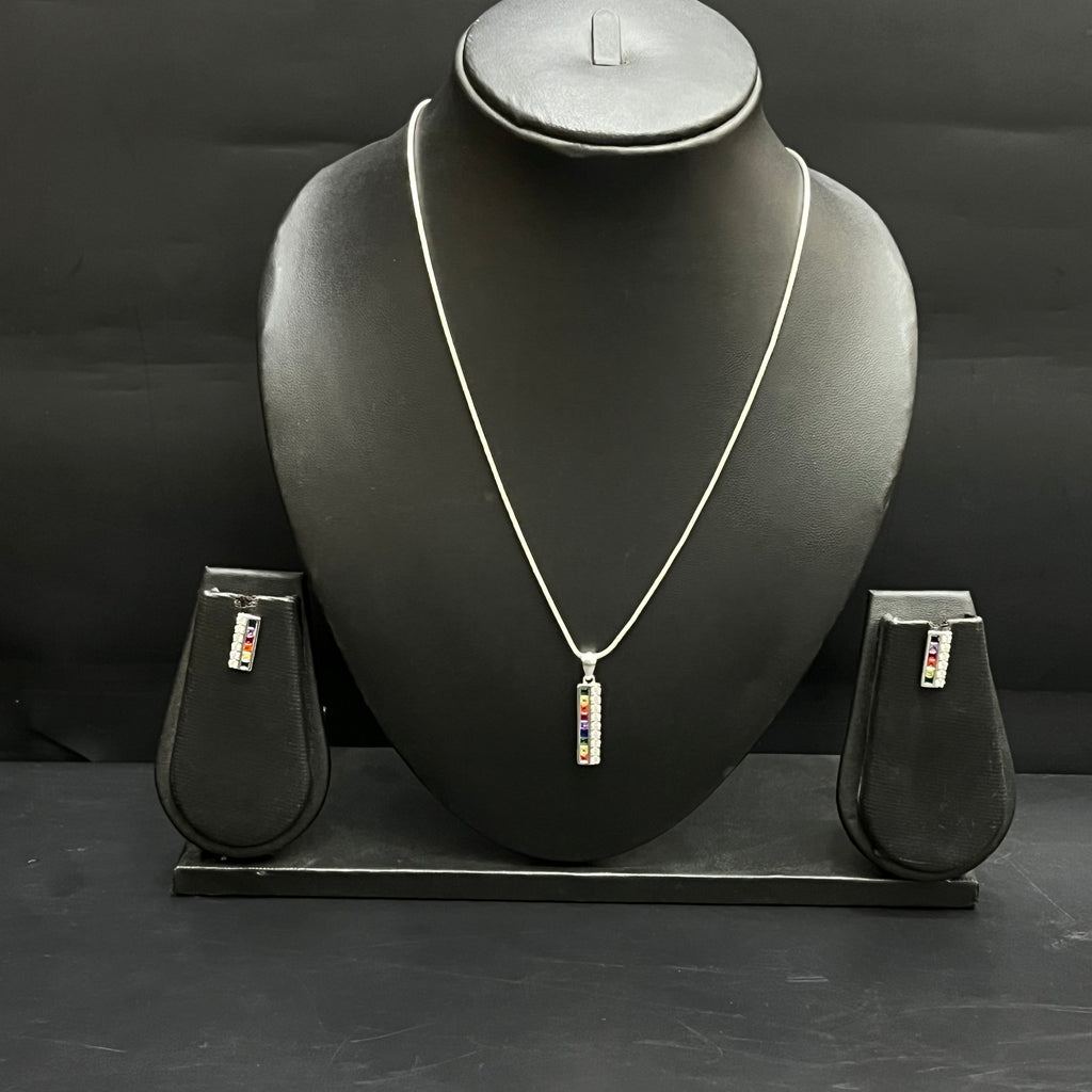 Silver Ladies Pendant Chain Set Classic Rectangle Multicolor Crystal 925