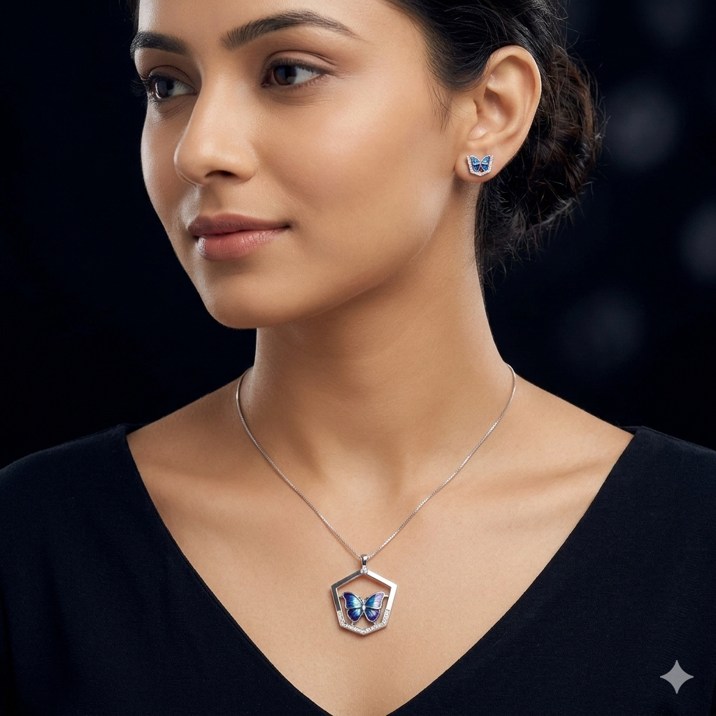 Silver Ladies Chain Set  Hexagon Blue Butterfly