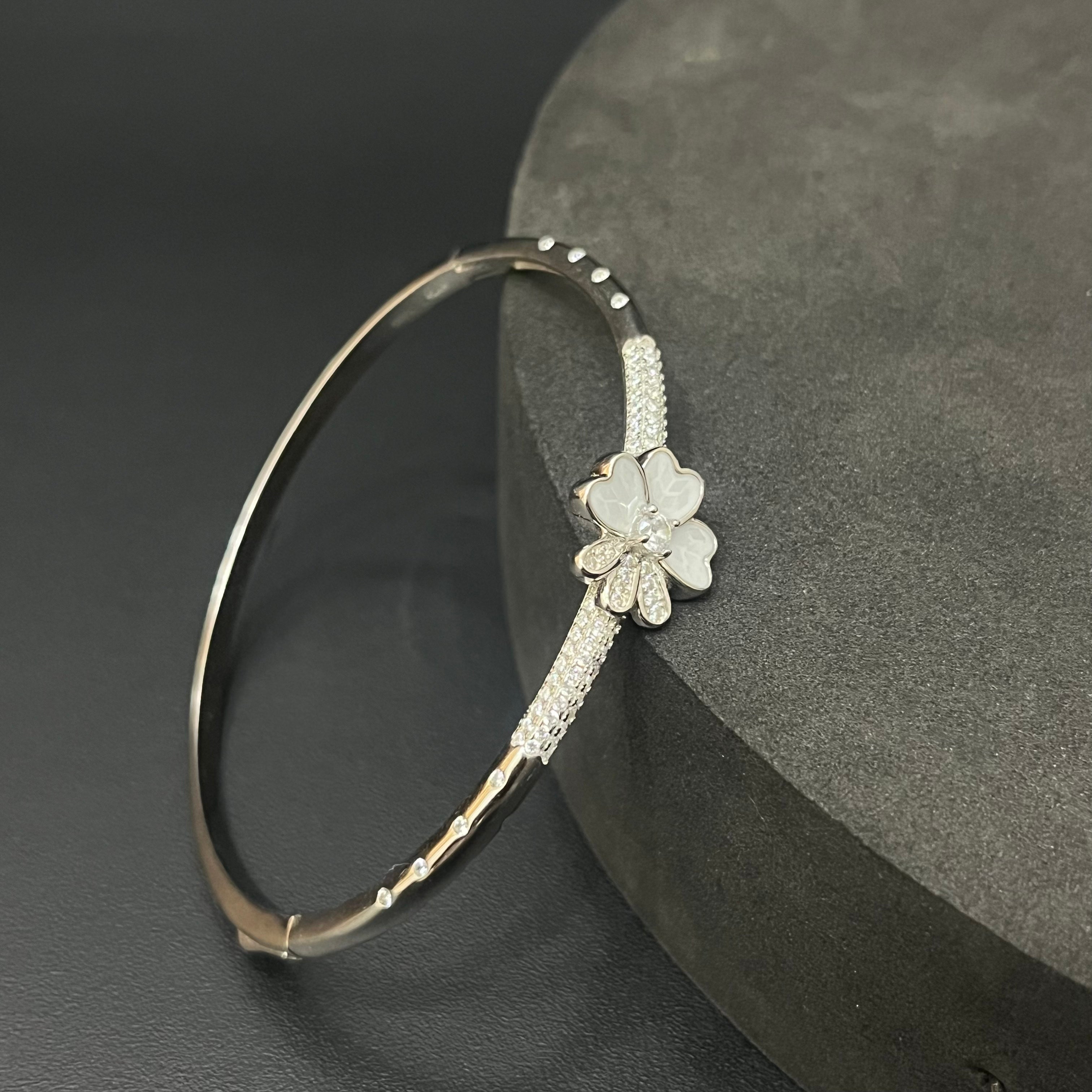 Silver Ladies Kada Flower White