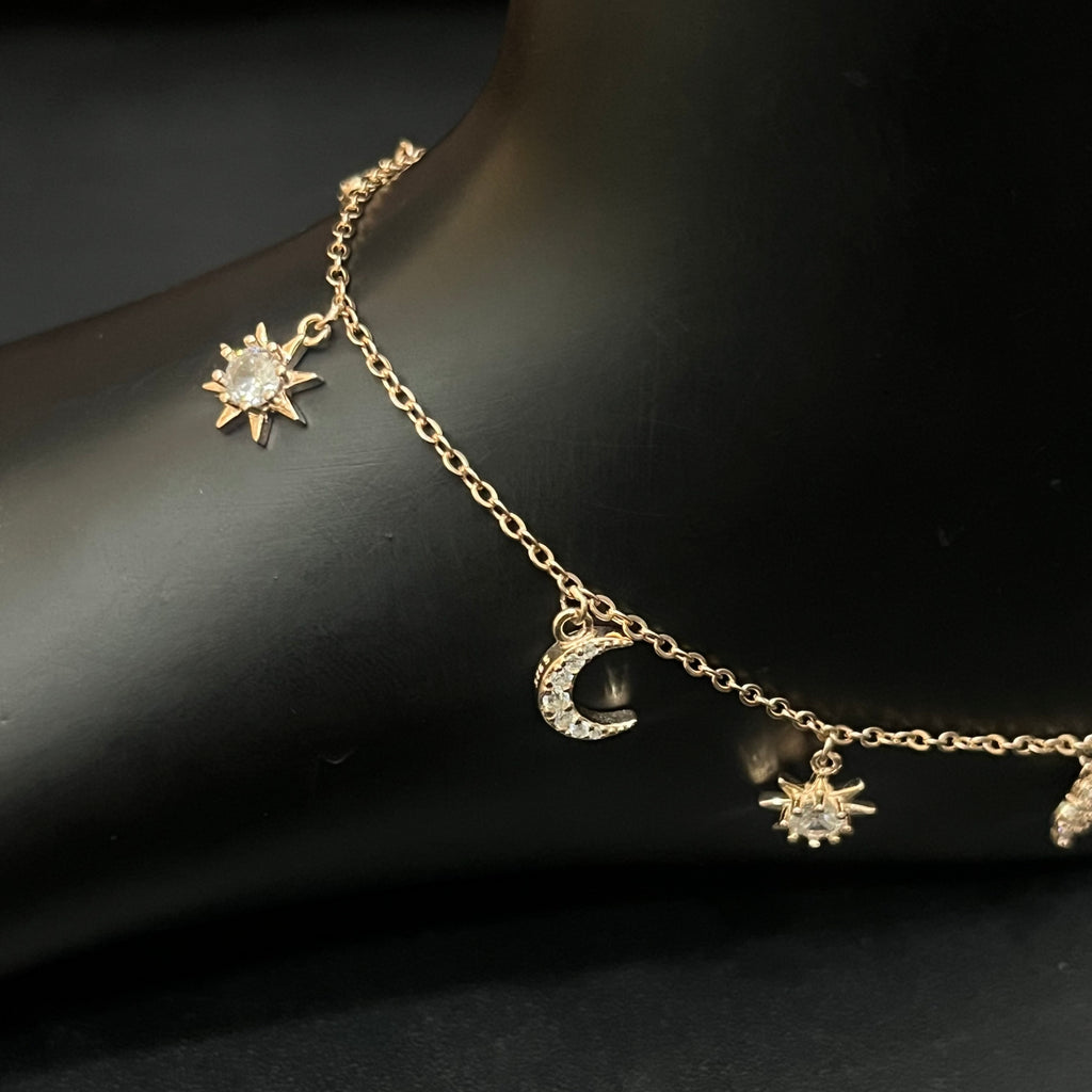 Silver Ladies Anklet Stars & Moon Charms