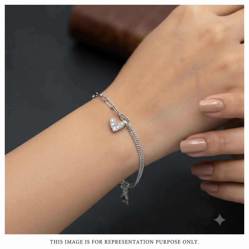 Silver Ladies Bracelet Heart Double Layer Link Lock 925