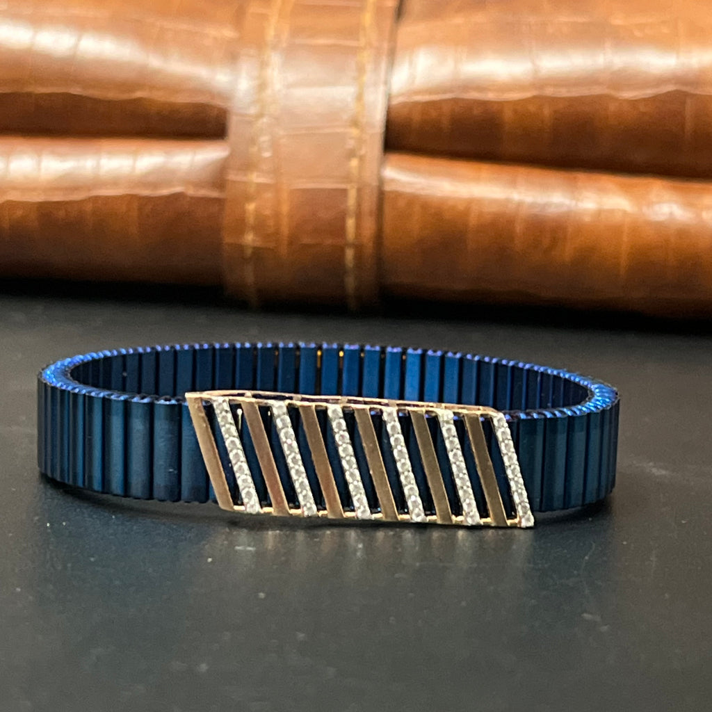 Silver Mens Flexible Bracelet Blue Band Lines 925