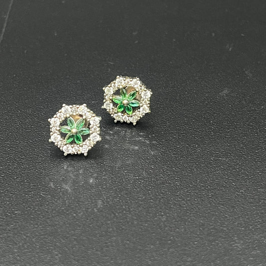 Silver Stud Geen Stone Flower Design