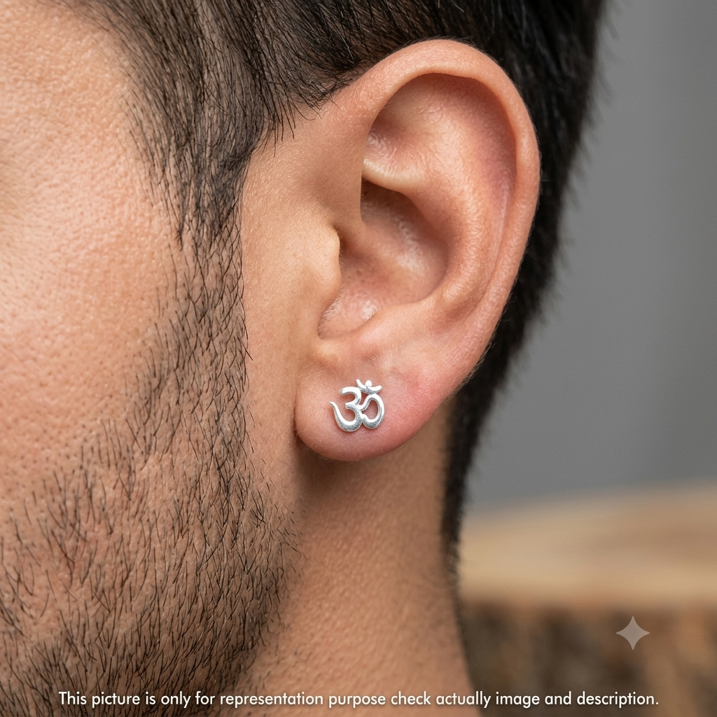 Silver Mens Single Ear Hindi OM Stud