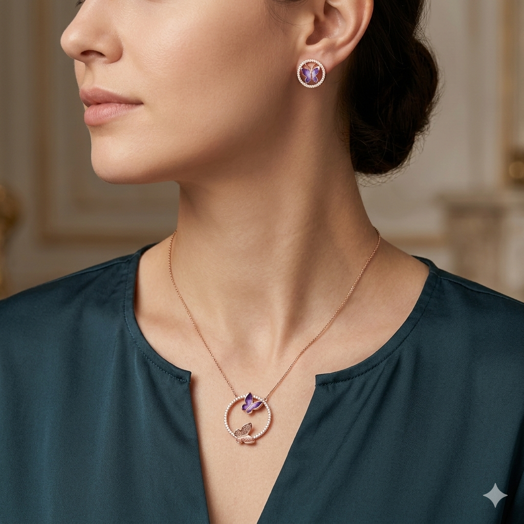 Silver Ladies Pendant Chain Butterfly 2 Rosegold