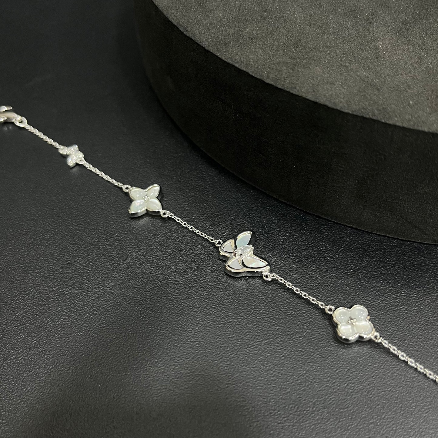 Silver Ladies Bracelet Pearl Clover & Butterfly