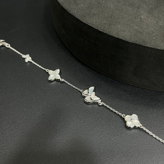 Silver Ladies Bracelet Pearl Clover & Butterfly