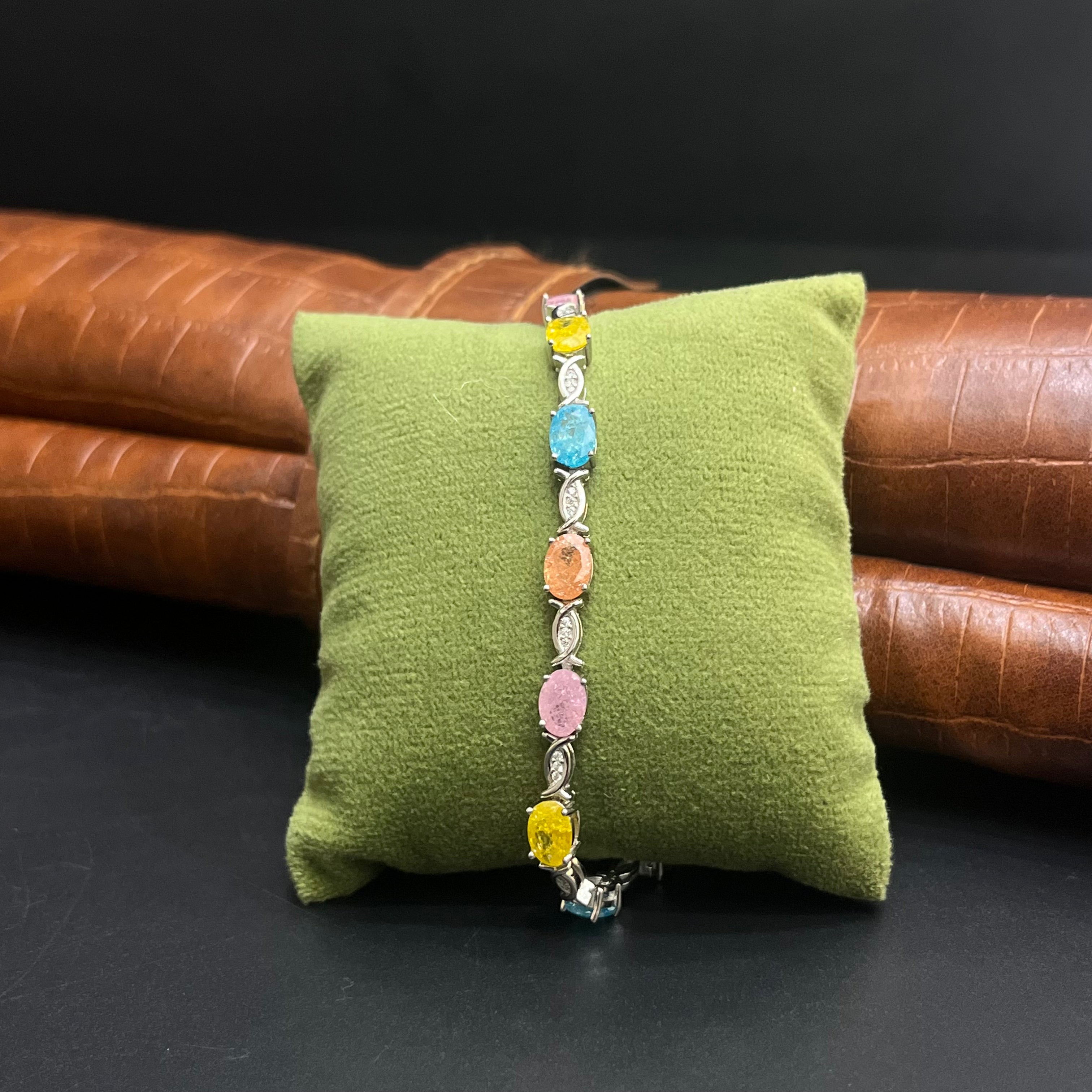 Silver Ladies Bracelet Rainbow Crystal Oval Link M02 925