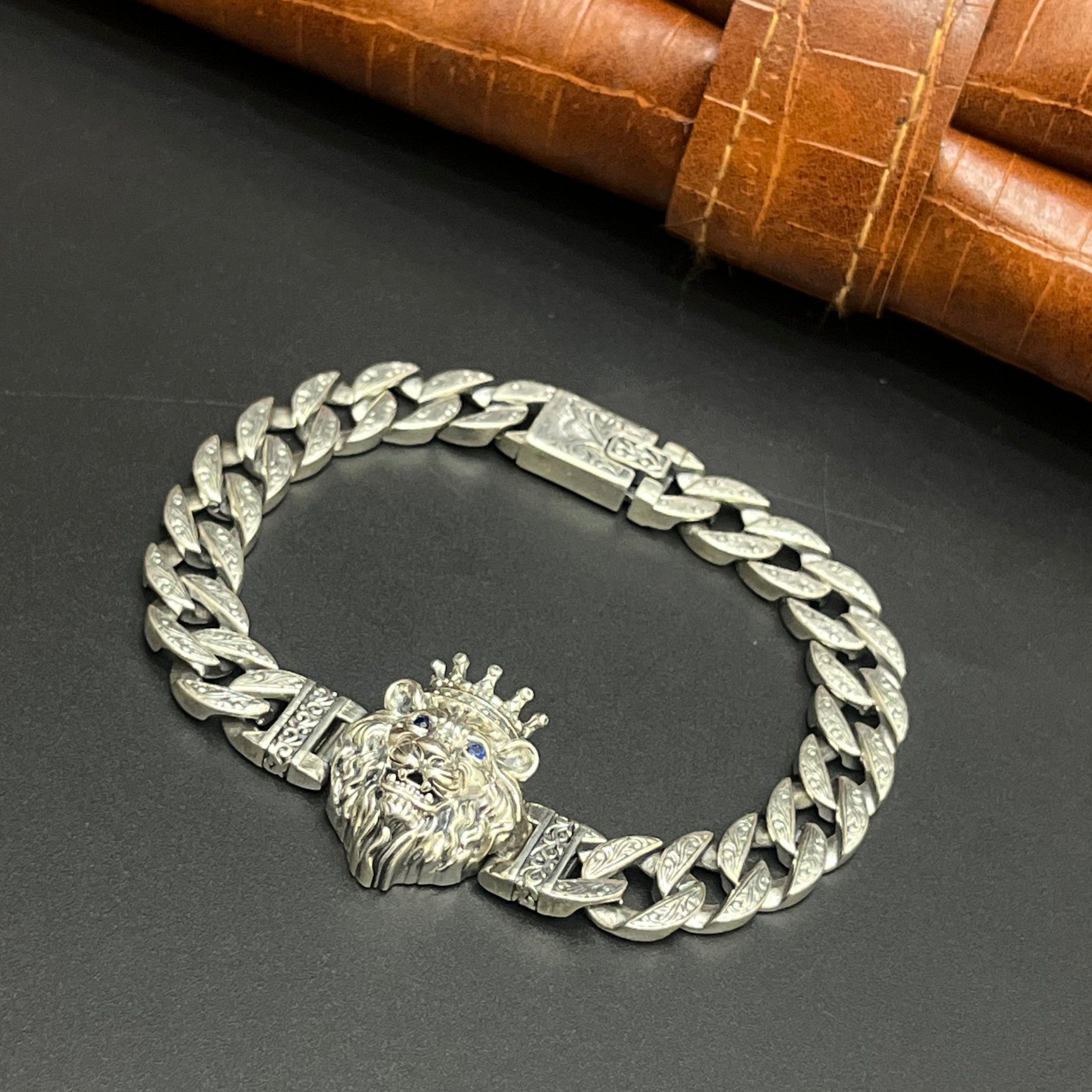 Silver Mens Bracelet Lion Emperor Premium Royal Look Cuban 925