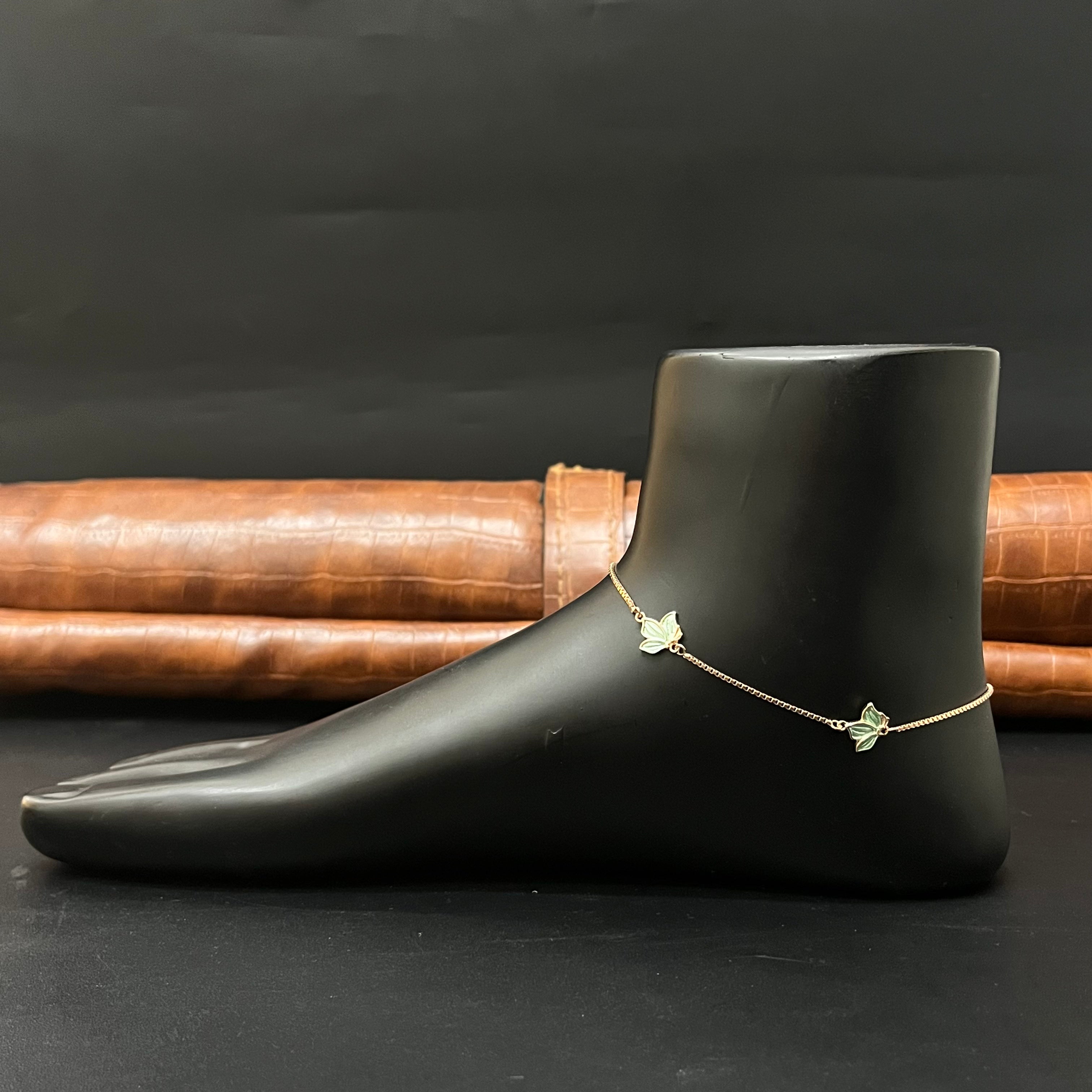 Silver Ladies Anklet Green Butterfly