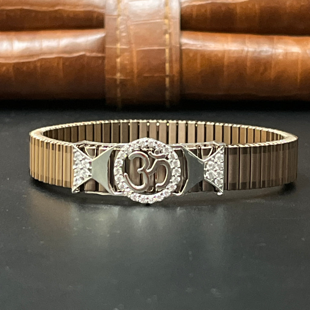 Silver Mens Flexible Bracelet OM Golden Band 925