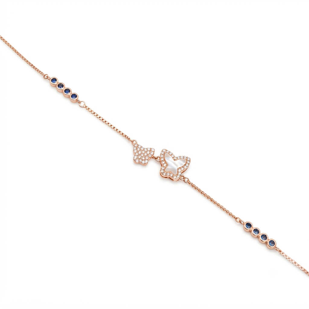 Silver Ladies Bracelet Royal Butterfly Charm & Blue Stone Rose Gold 925