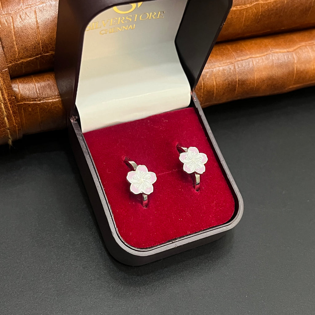 Silver Ladies Toe Rings Pink Flower 925