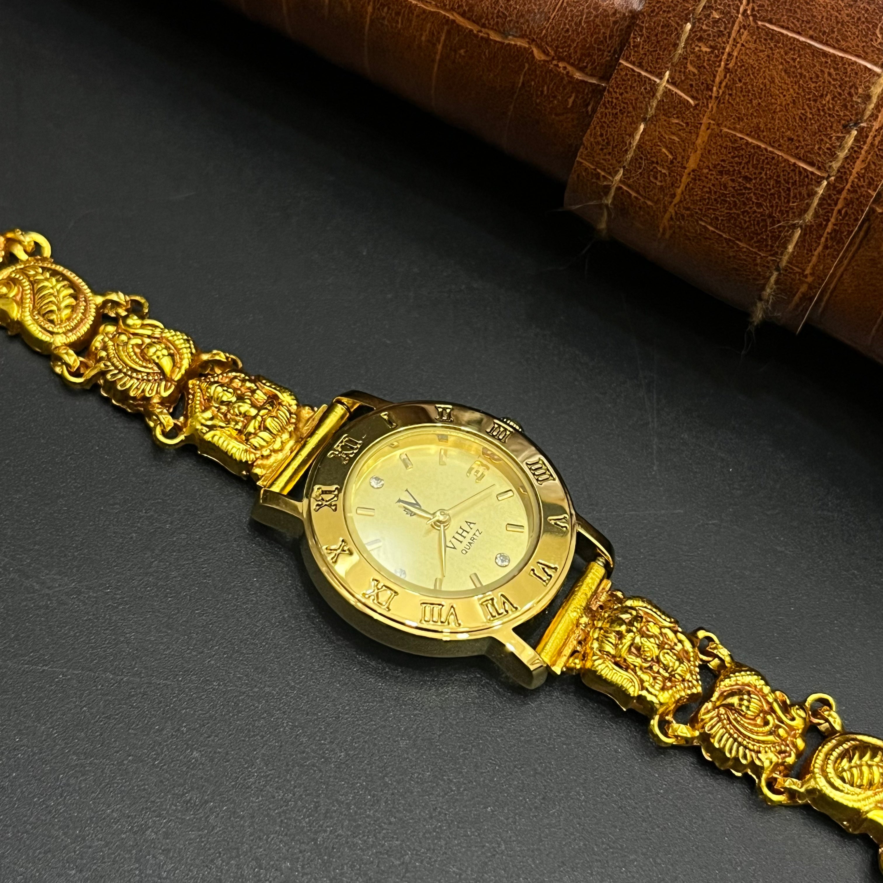 Silver Ladies Watch Antique Peacock And Lakshmi Temple Art Gold Finish 925