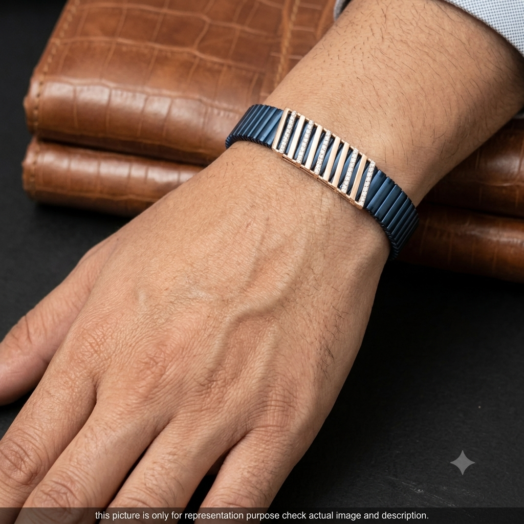 Silver Mens Flexible Bracelet Blue Band Lines 925