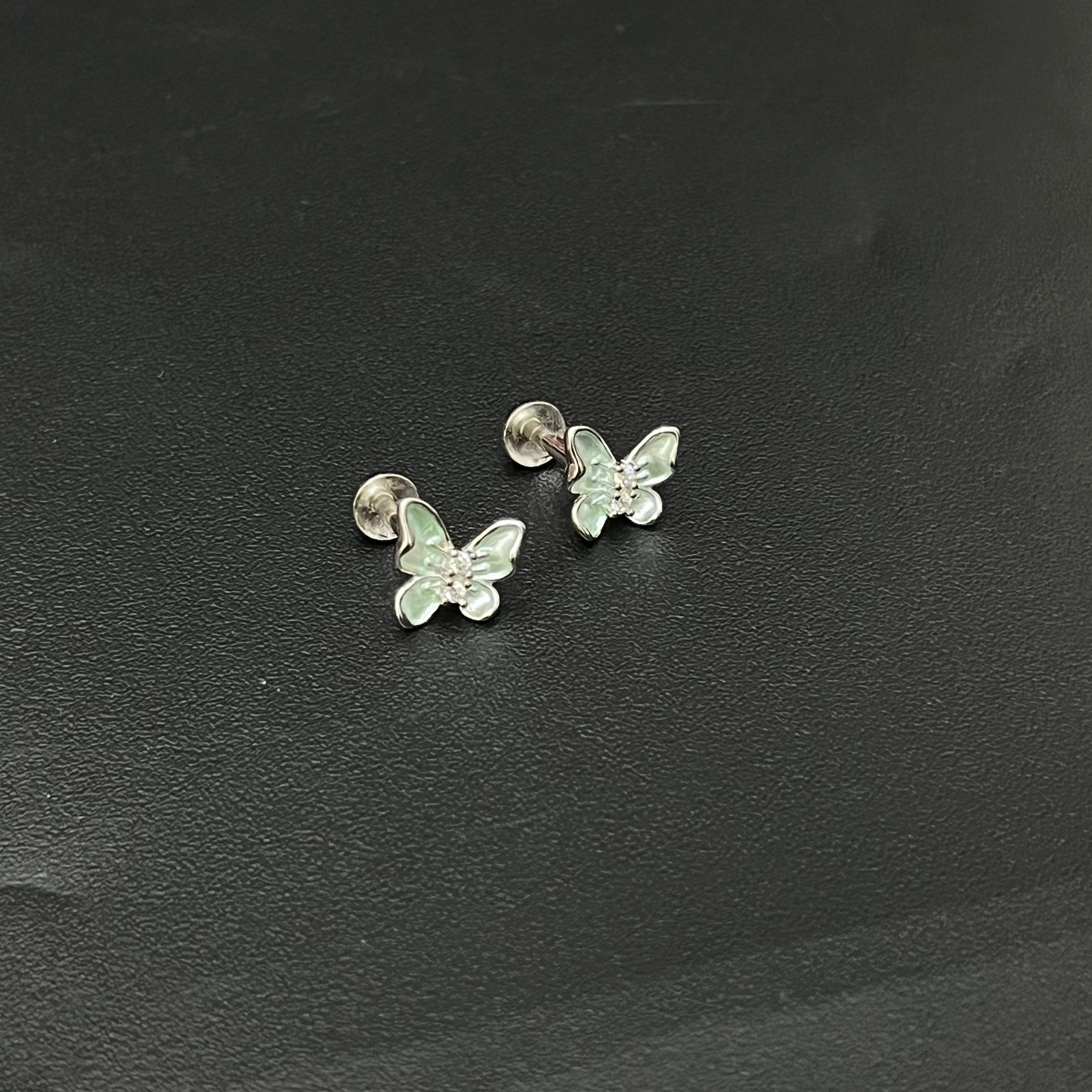 Silver Ladies Stud Butterfly Green SS 925