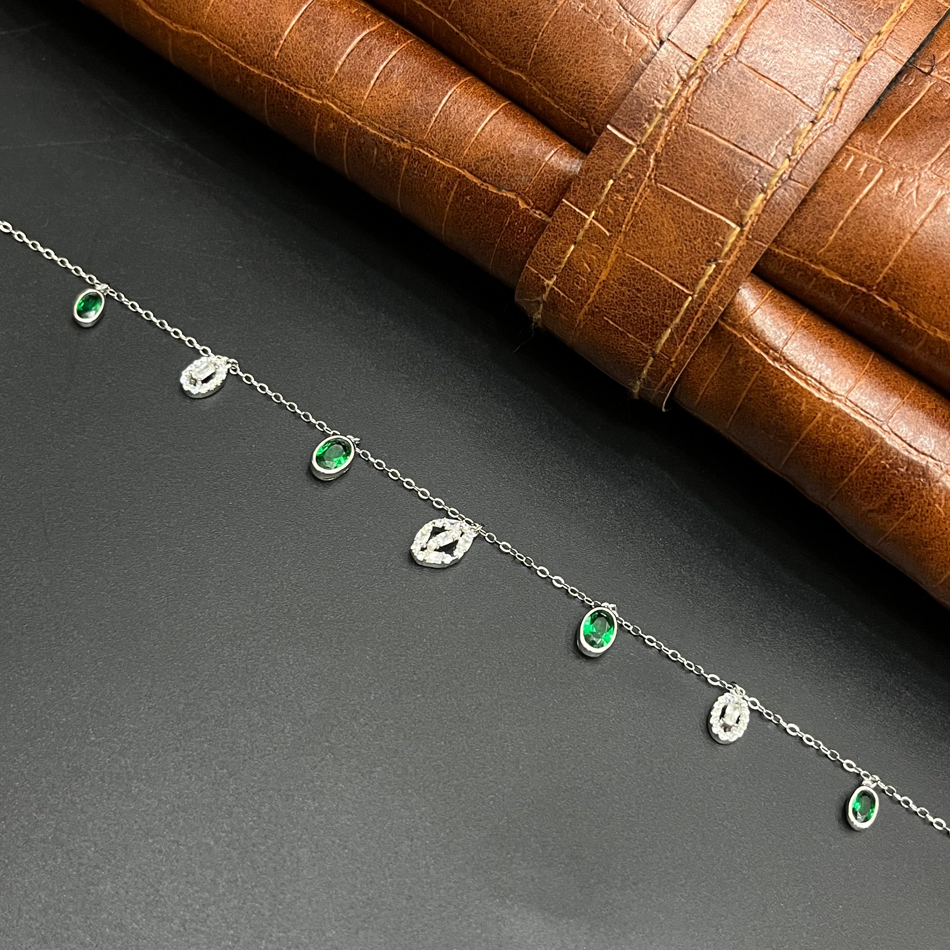 Silver Ladies Pendant Chain Set Green Crystal Floral Drop 925