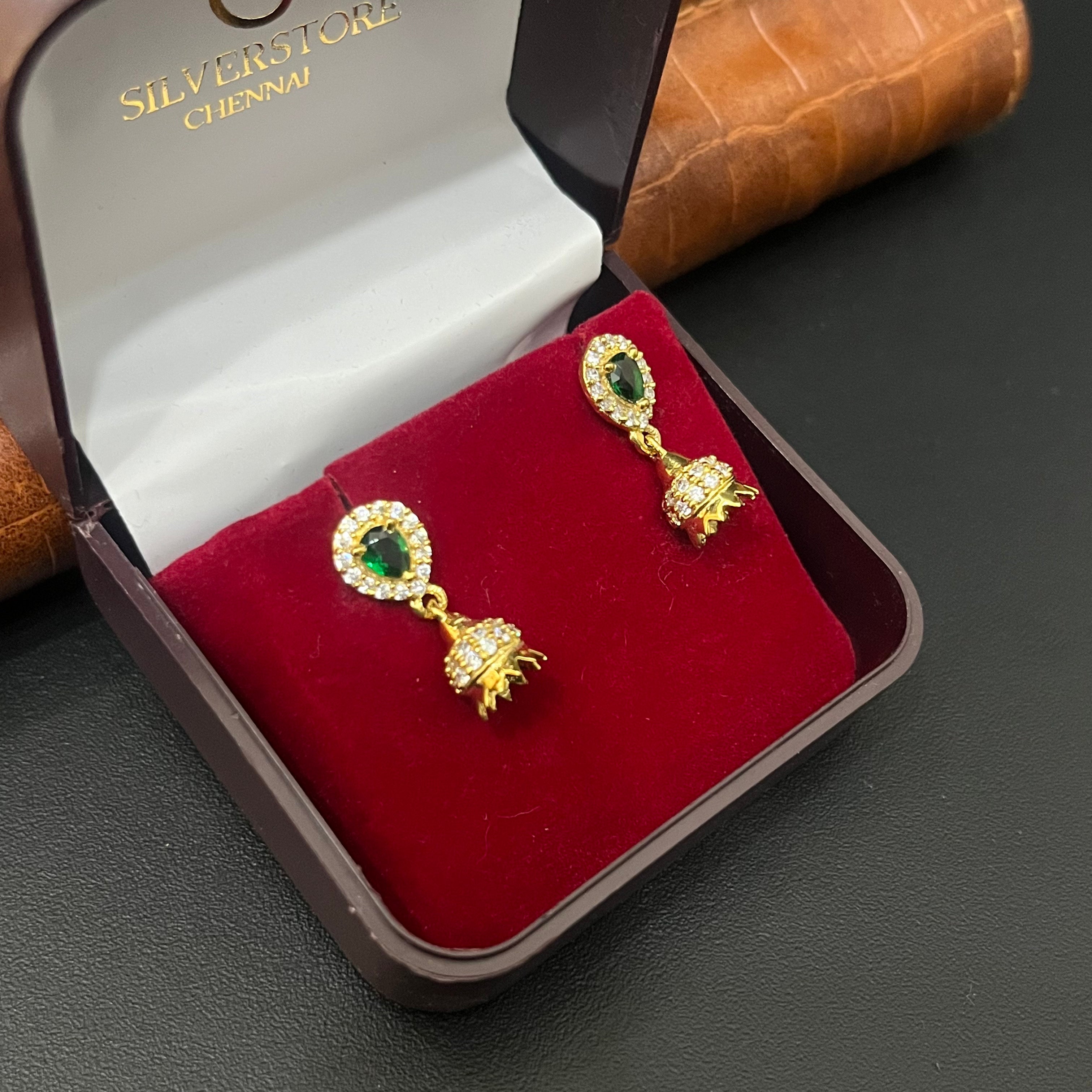 Silver Ladies Stud Green Stone Gold Finished 92.5