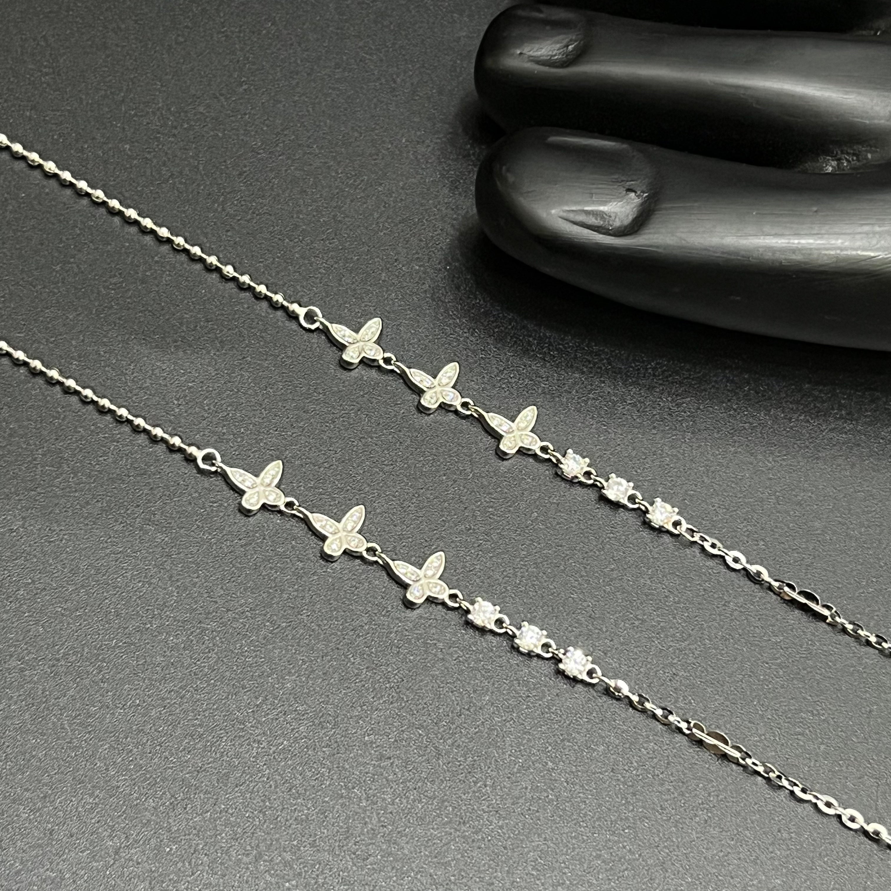Silver Ladies Anklet Butterfly Charms Crystal Stone 925