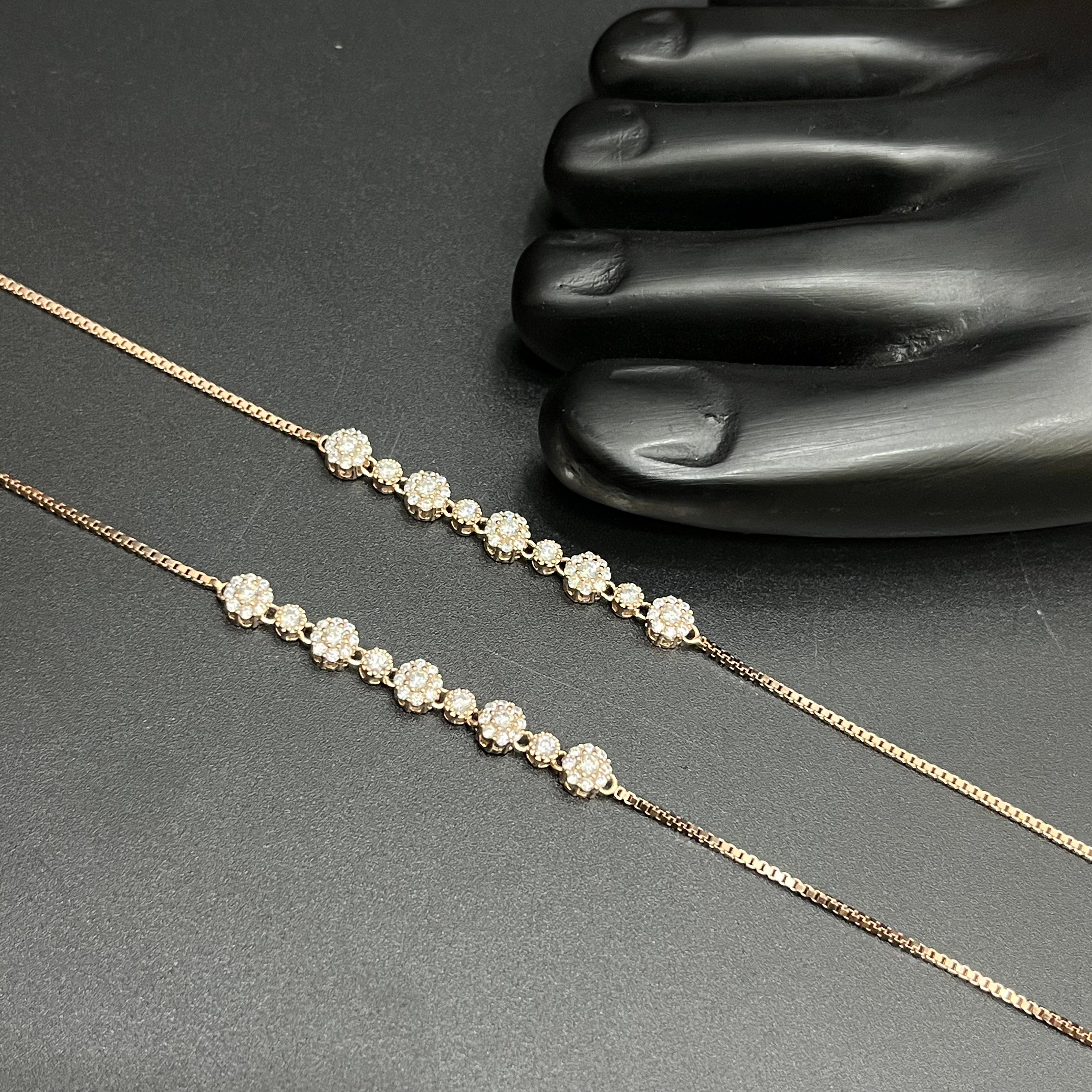 Silver Ladies Anklet Floral Crystal Line Small Big Rose Gold 925