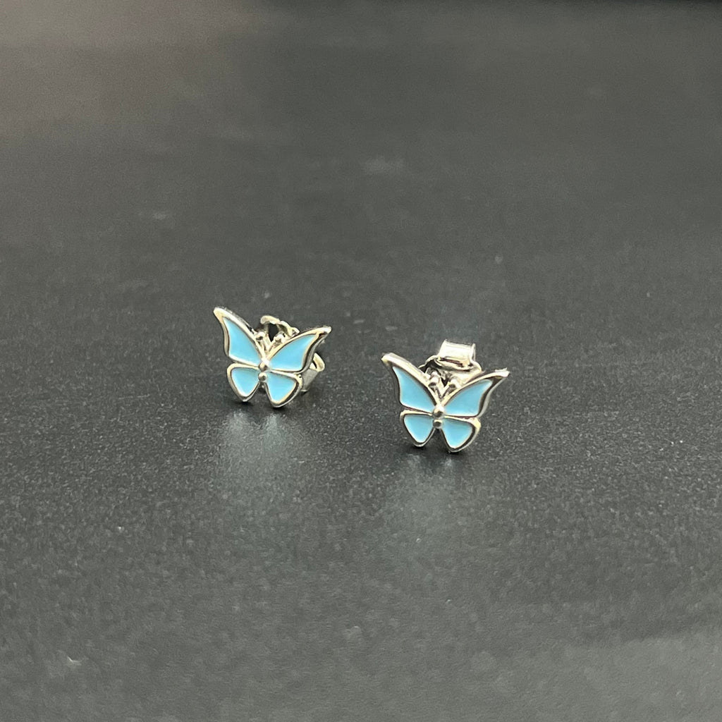 Silver Ladies Pendant Chain Set Butterfly Blue Print Stud 925
