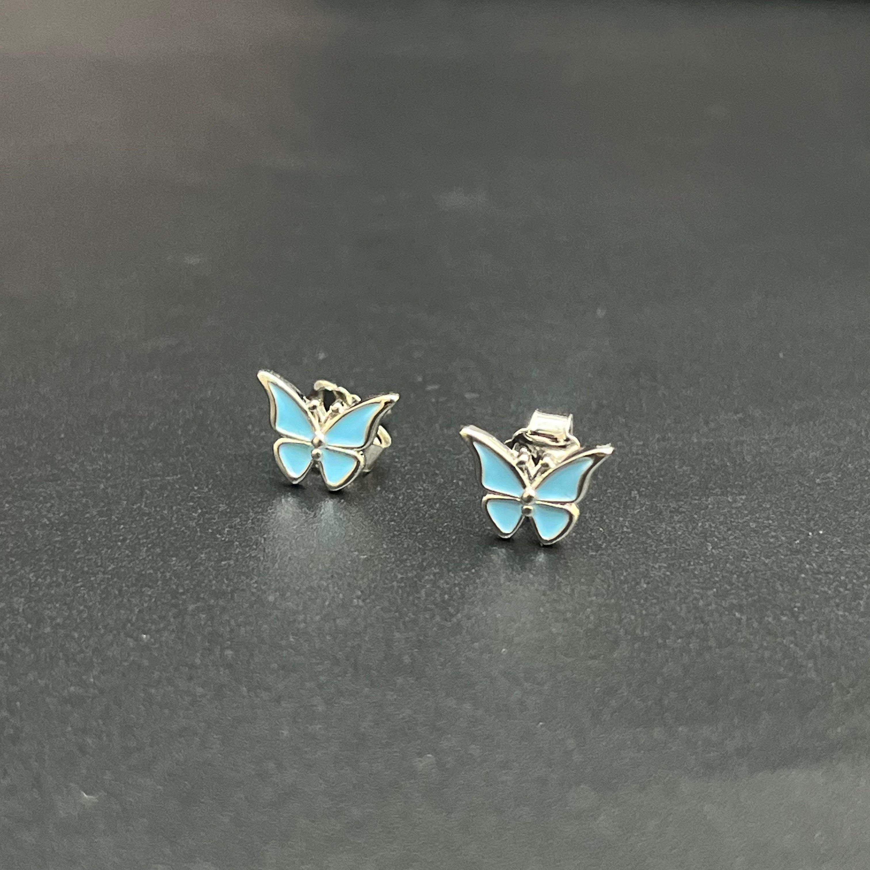 Silver Ladies Pendant Chain Set Butterfly Blue Print Stud 925