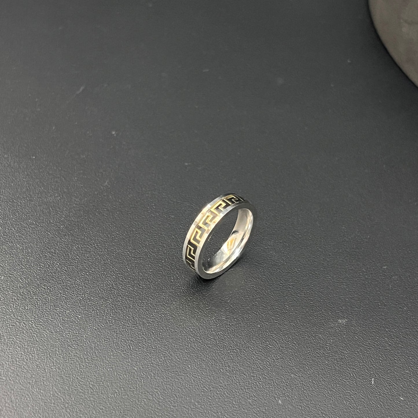 Silver Mens Ring Maze Black Line Gold Shade