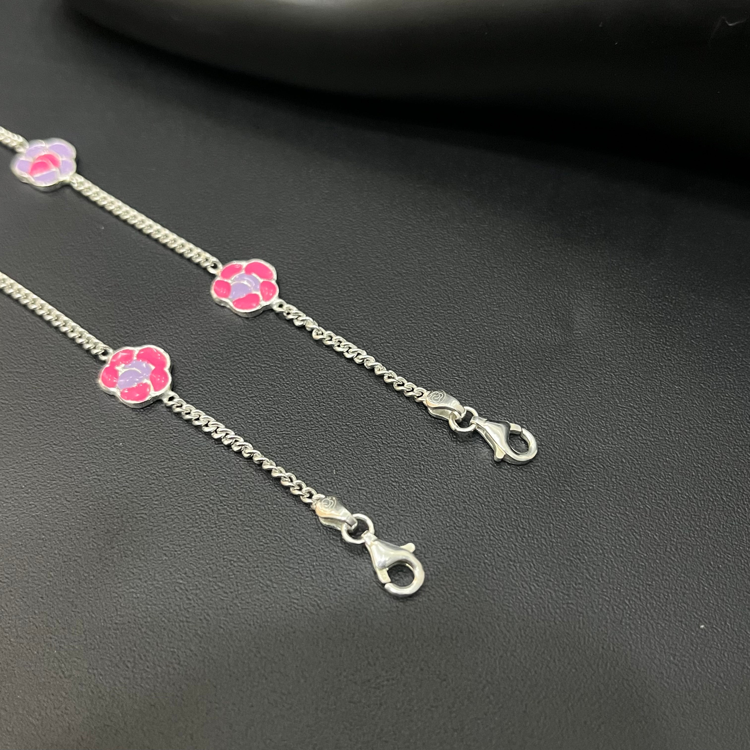 Silver Baby Anklet Colured Pink Flower