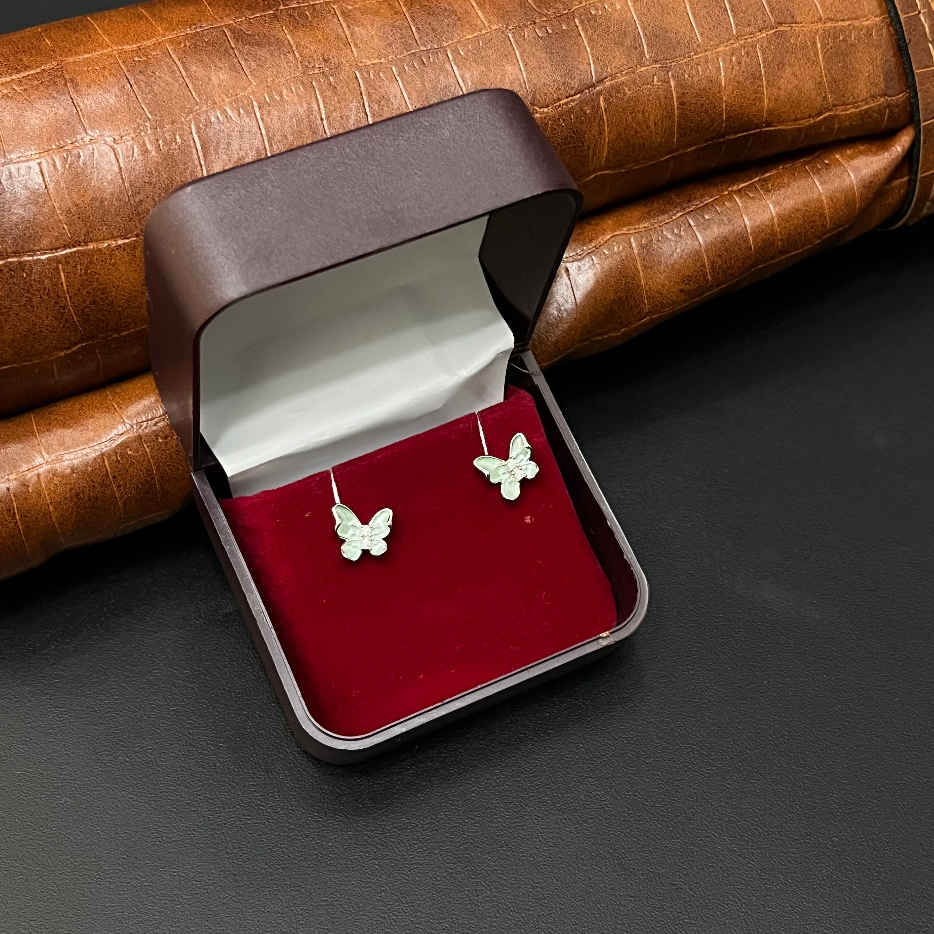 Silver Ladies Stud Butterfly Green SS 925