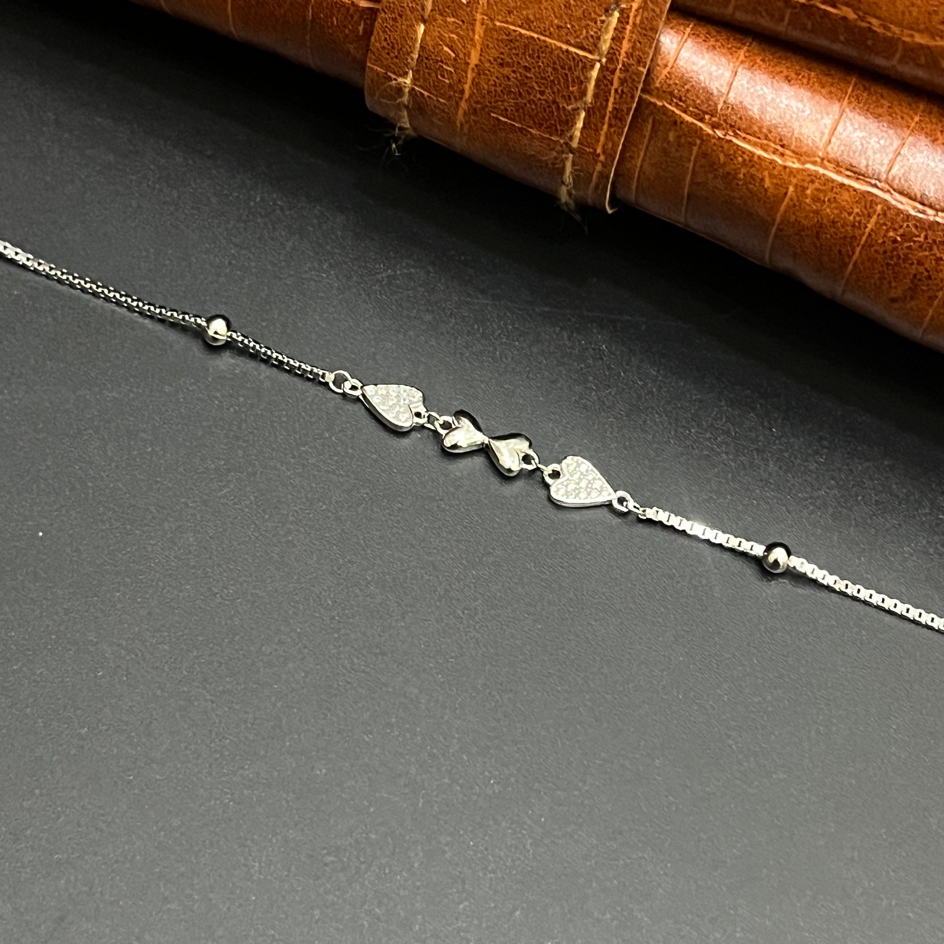 Silver Ladies Bracelet White Stones Heart & Beads 925