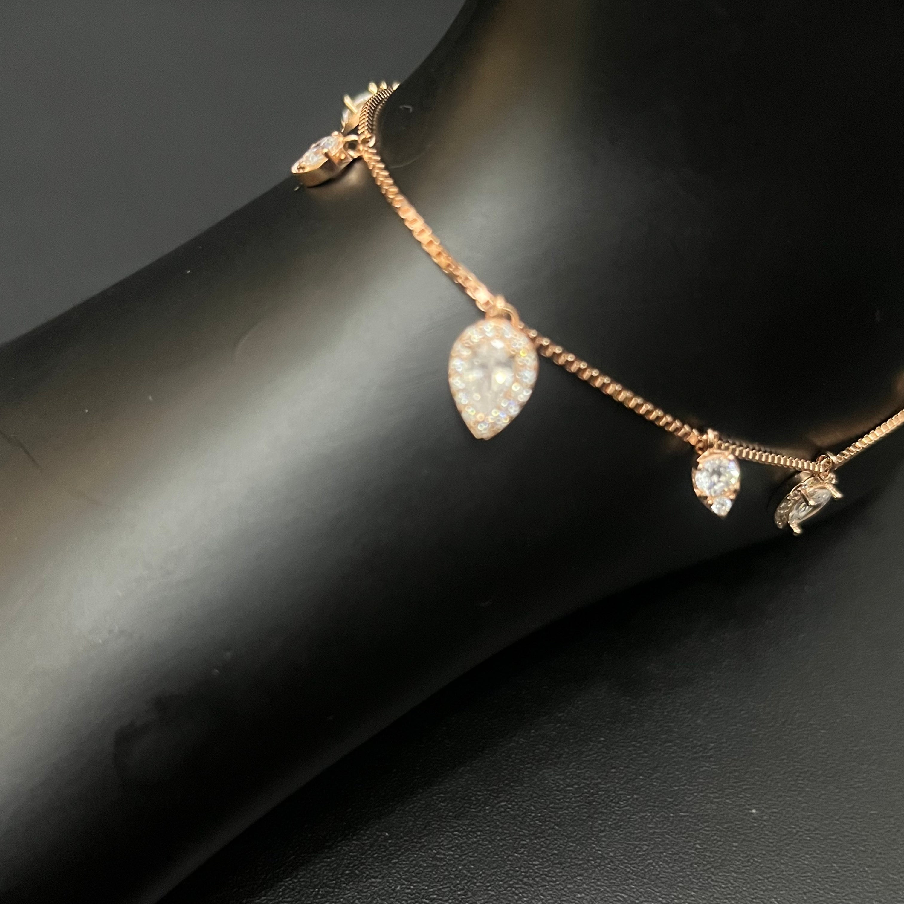 Ladies Silver Anklet  Leaf White Stone Hanging