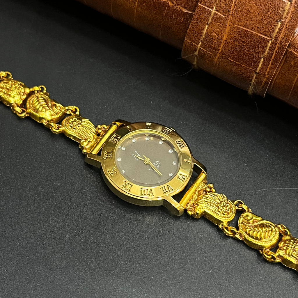 Silver Ladies Watch Antique Peacock With Lakshmi Gems Stones Gold Finish 925