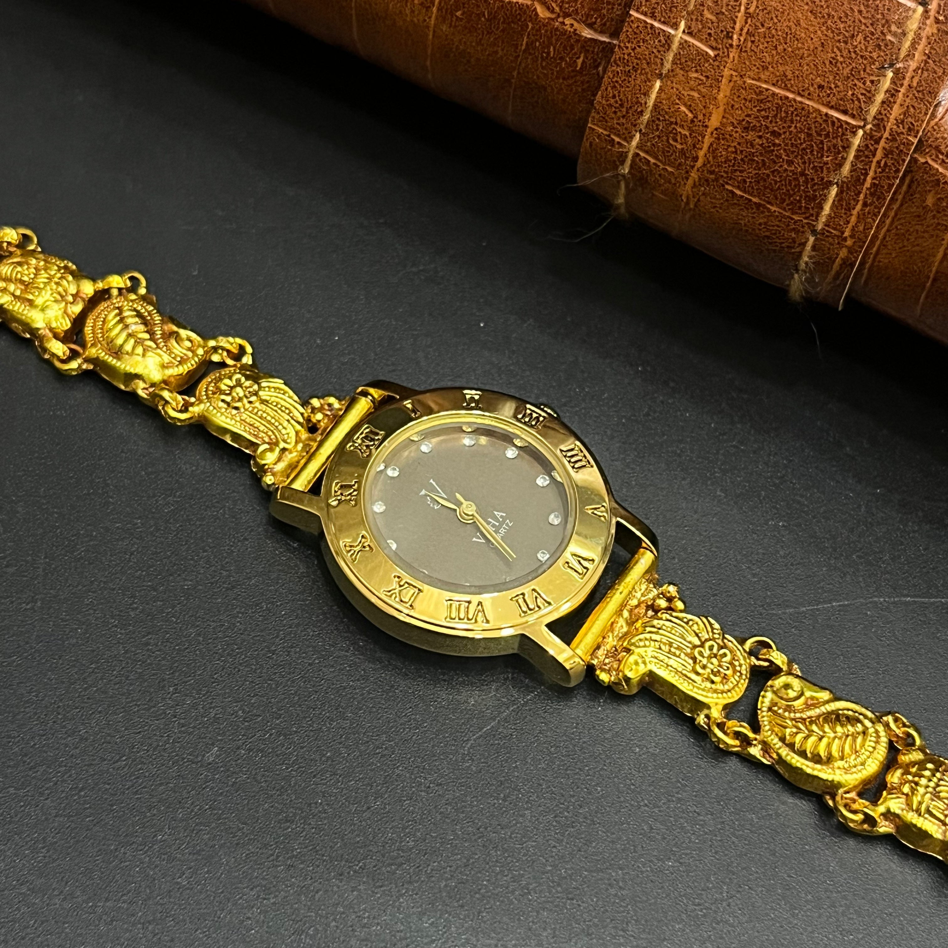 Silver Ladies Watch Antique Peacock With Lakshmi Gems Stones Gold Finish 925