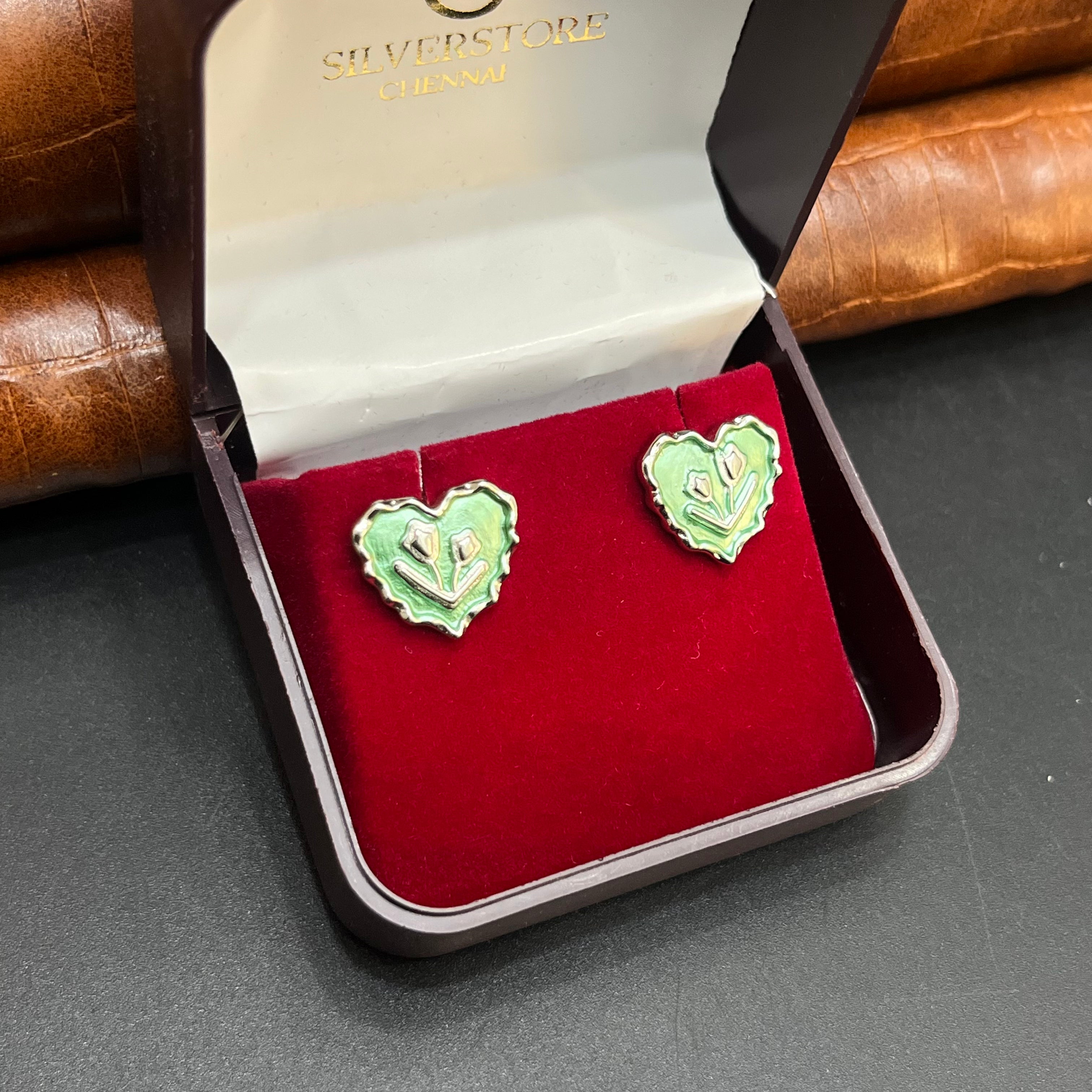 Silver Ladies Stud Soft Blue Heart Floral Print 925