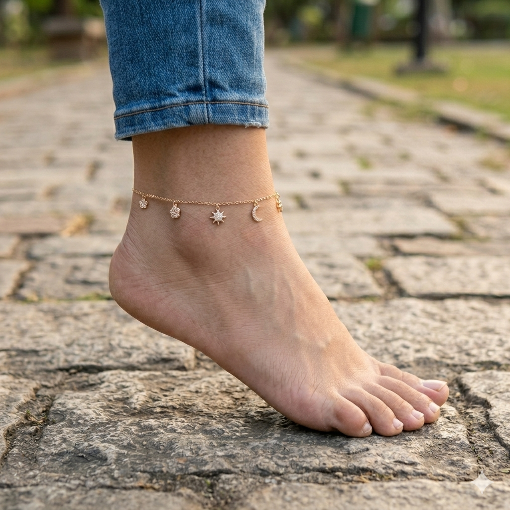 Silver Ladies Anklet Stars & Moon Charms