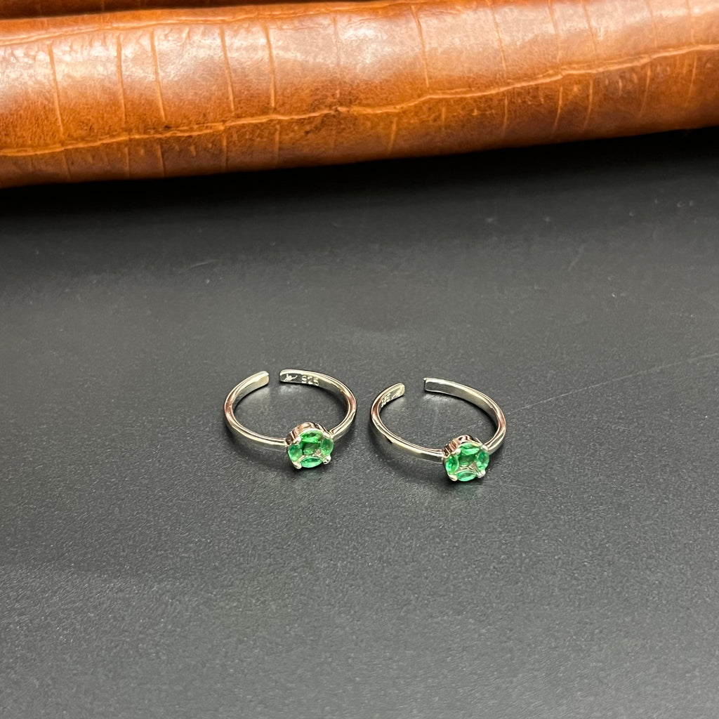 Silver Ladies Toe Rings Green Circle Stones 925