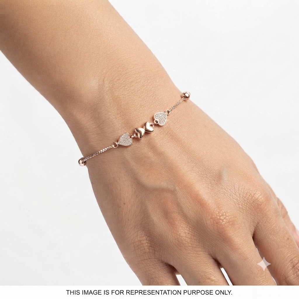 Silver Ladies Bracelet White Stones Heart & Beads Rose Gold 925