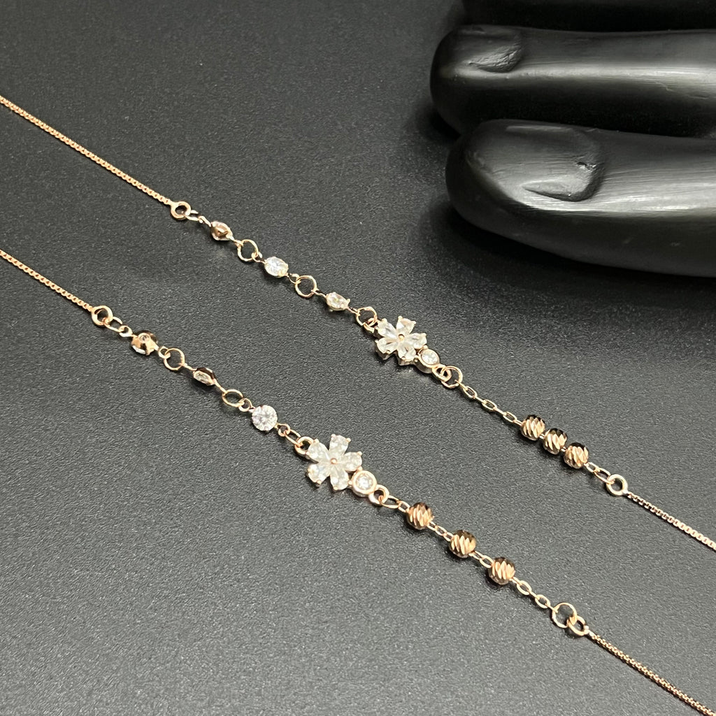Silver Ladies Anklet Petal Leaf Beeds Crystal Rose Gold 925