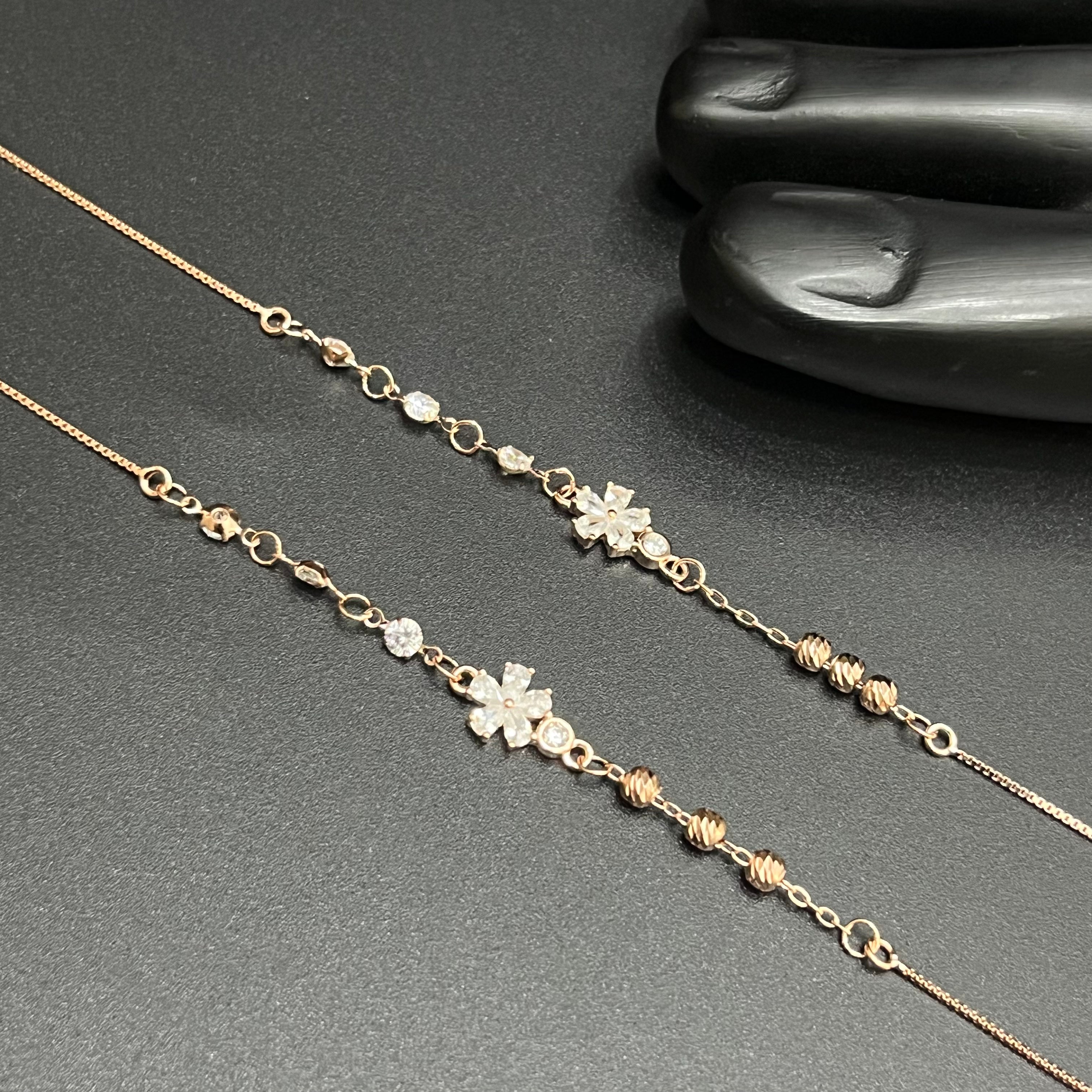 Silver Ladies Anklet Petal Leaf Beeds Crystal Rose Gold 925