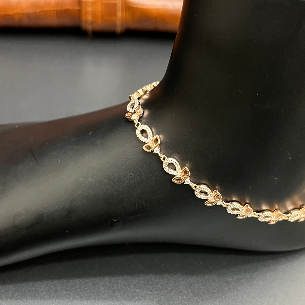 Silver Ladies Anklet Leaf & Crystal Elegance Rose Gold 925