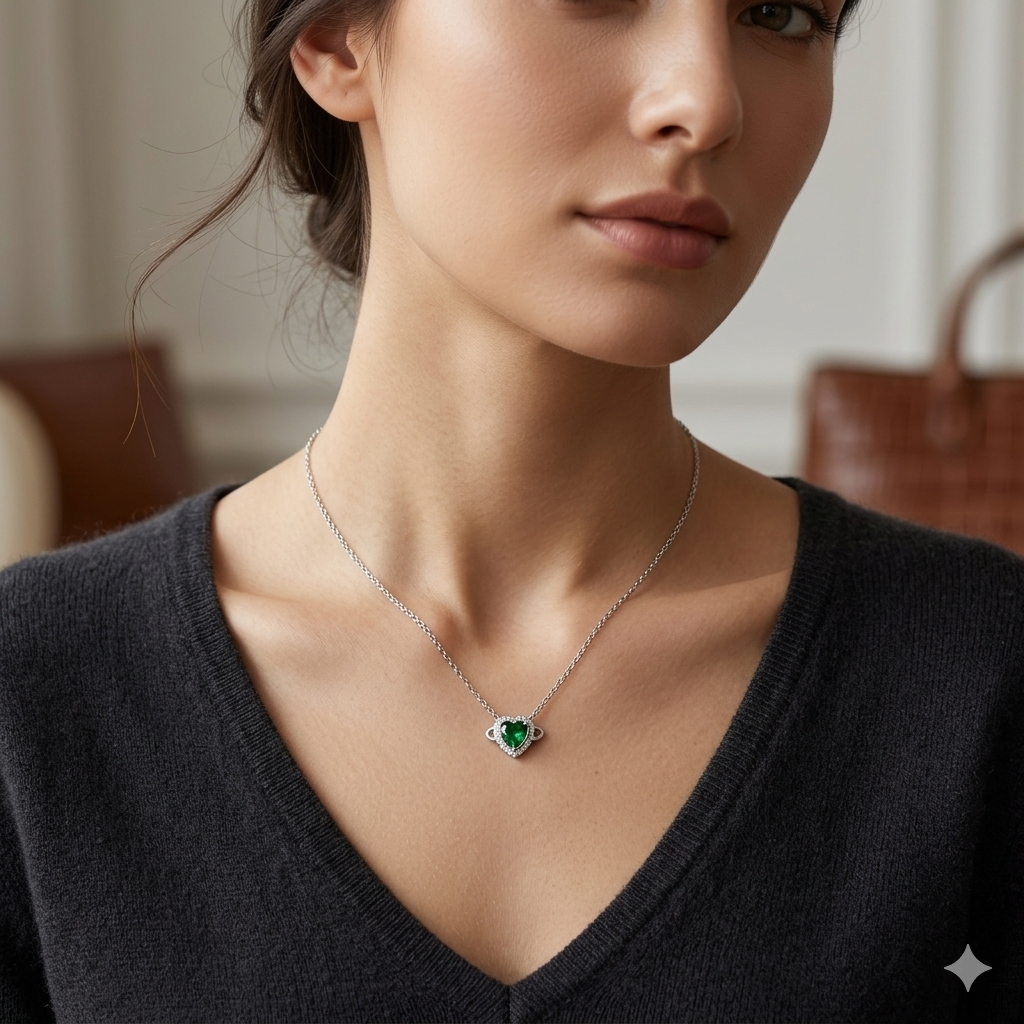 Silver Ladies Chain Heart Green Heartz