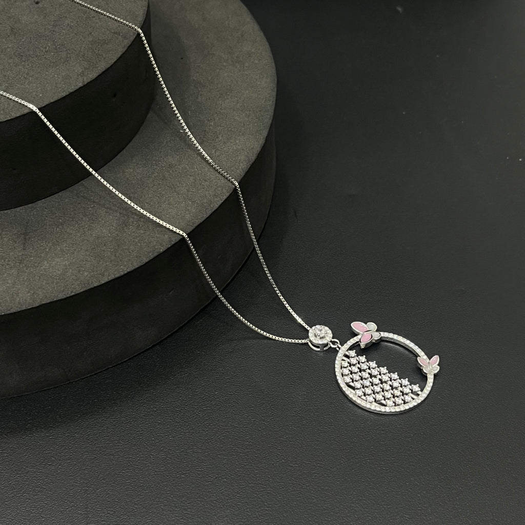 Silver Ladies Chain Set Circle Double Pink Butterfly
