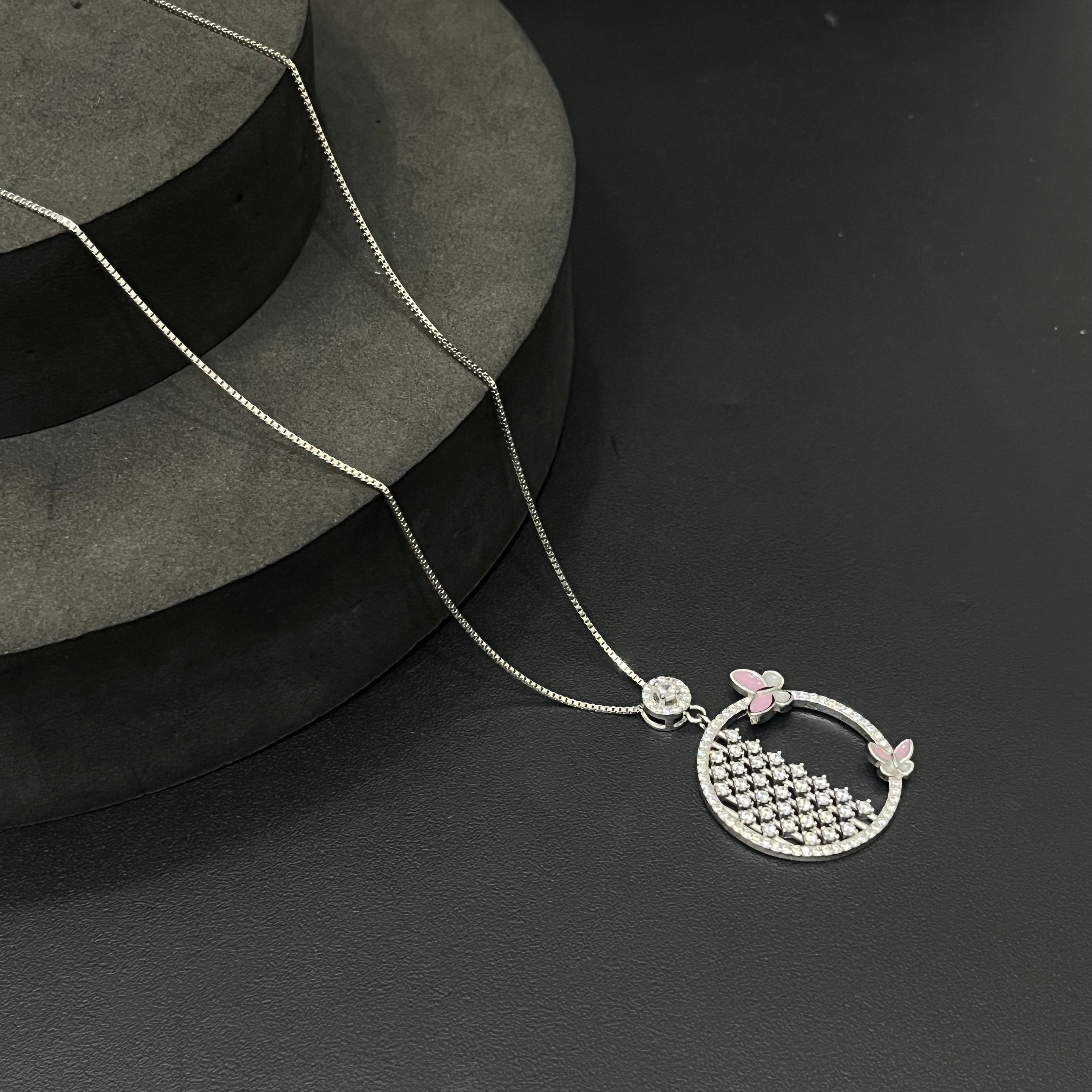 Silver Ladies Chain Set Circle Double Pink Butterfly