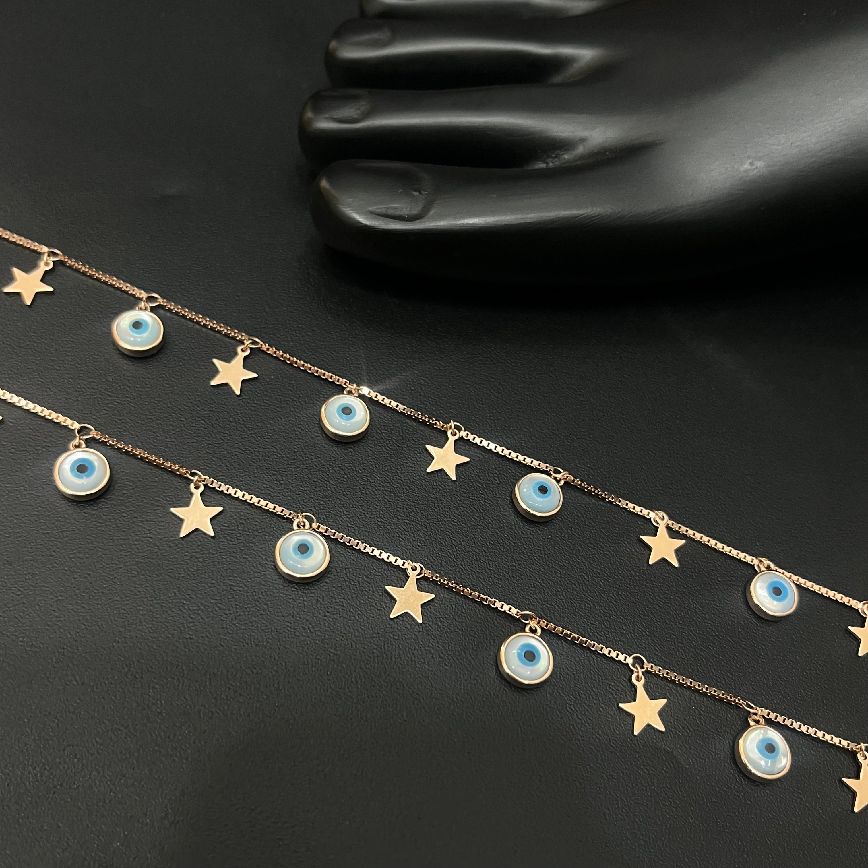 Silver Ladies Anklet Evil Eye & Star Charms