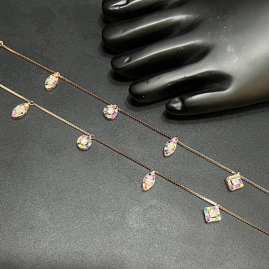 Silver Ladies Anklet Luxury Multicolor Stone Charms Rose Gold 925