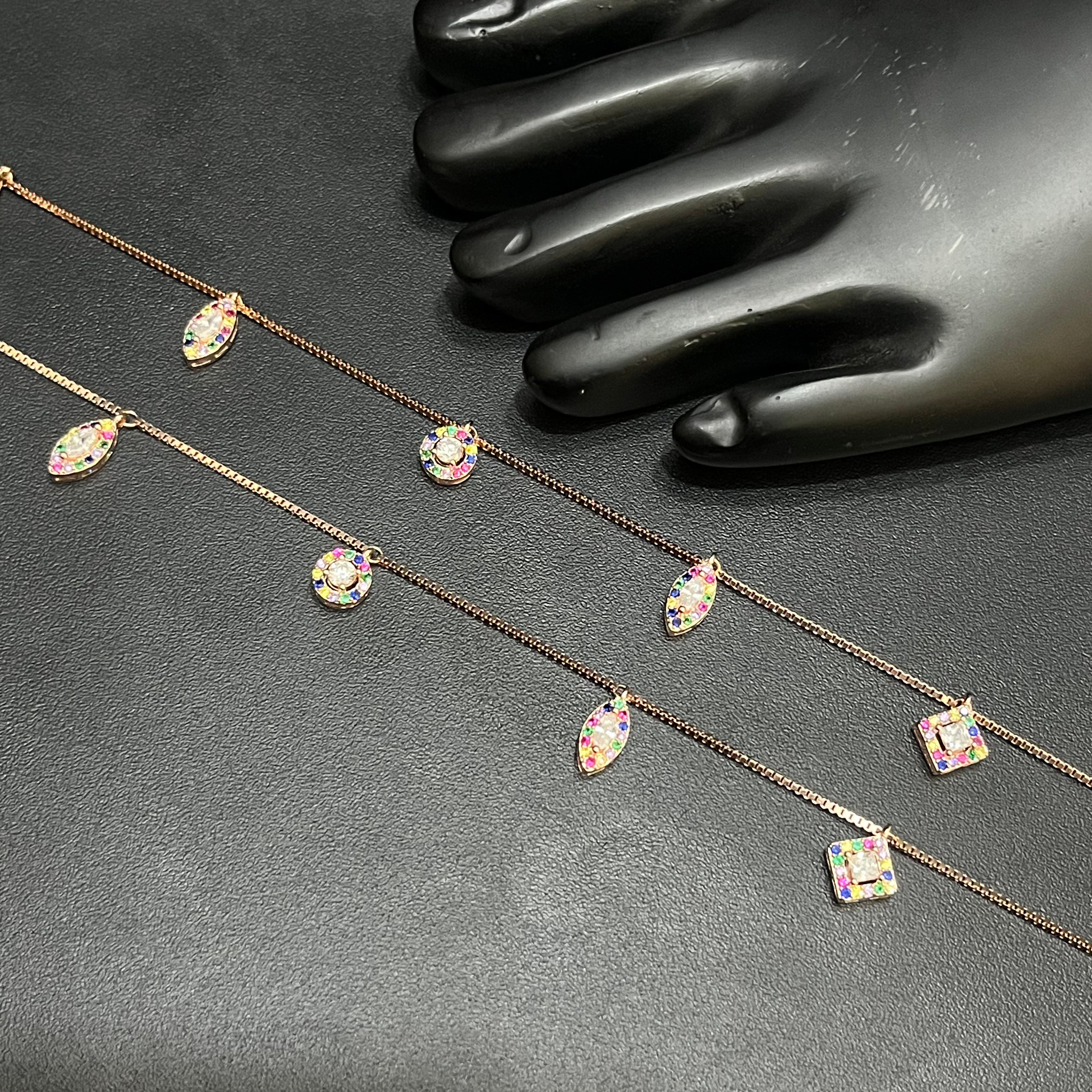 Silver Ladies Anklet Luxury Multicolor Stone Charms Rose Gold 925