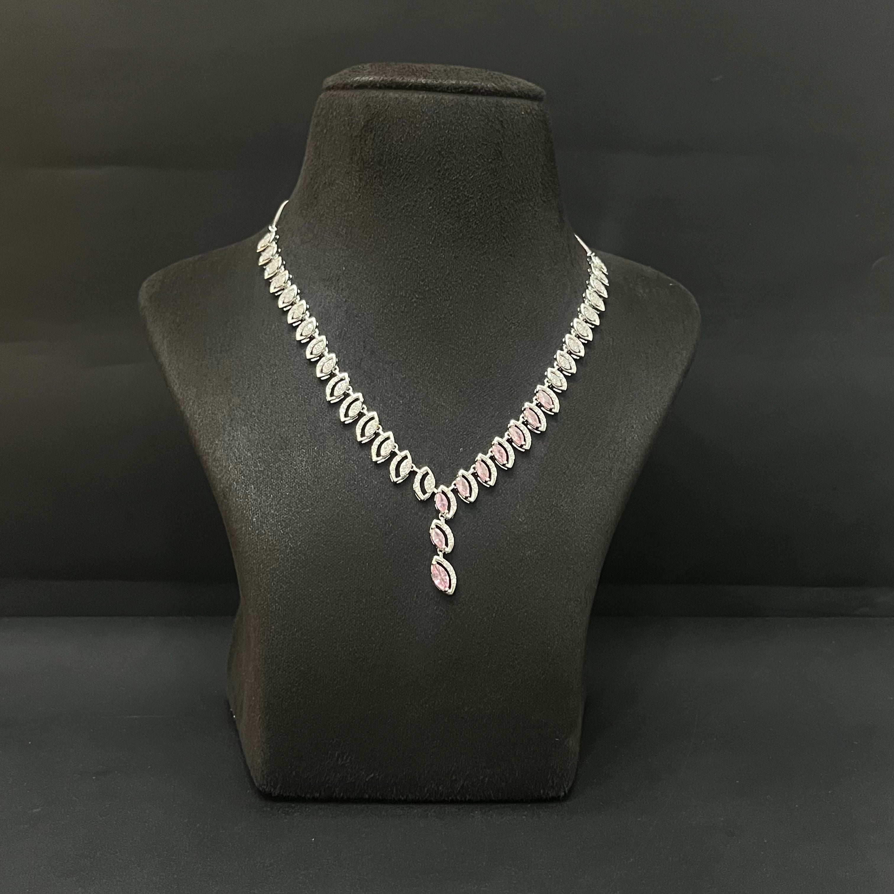 Silver Neckalce Leaf design Cz American Diamond Stones